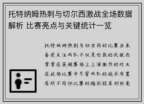 托特纳姆热刺与切尔西激战全场数据解析 比赛亮点与关键统计一览